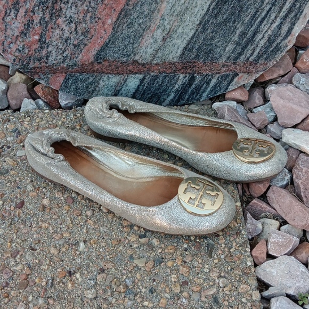Tory Burch Reva metallic flats slip on shoes gold hardware womens sz 8